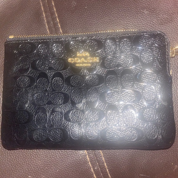 Coach Black Signature Logo Embossed Zip Top Pouch Small Clutch Bag - Picture 1 of 7